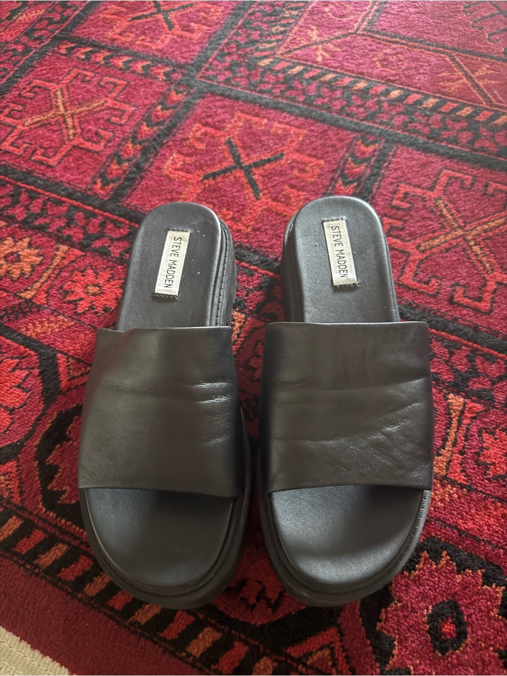 Steve Madden Black Leather Playform Slide Sandals